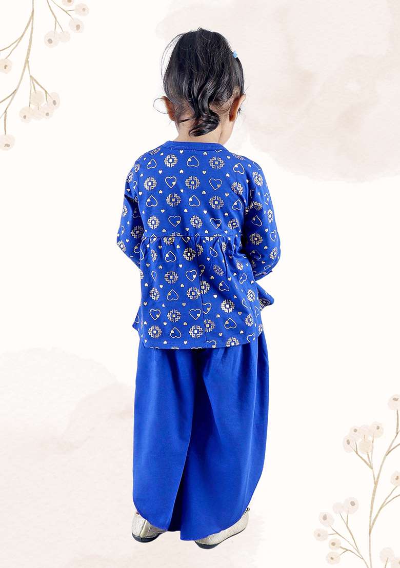 Blue Printed Cotton Kurta Set For Girl - Indya