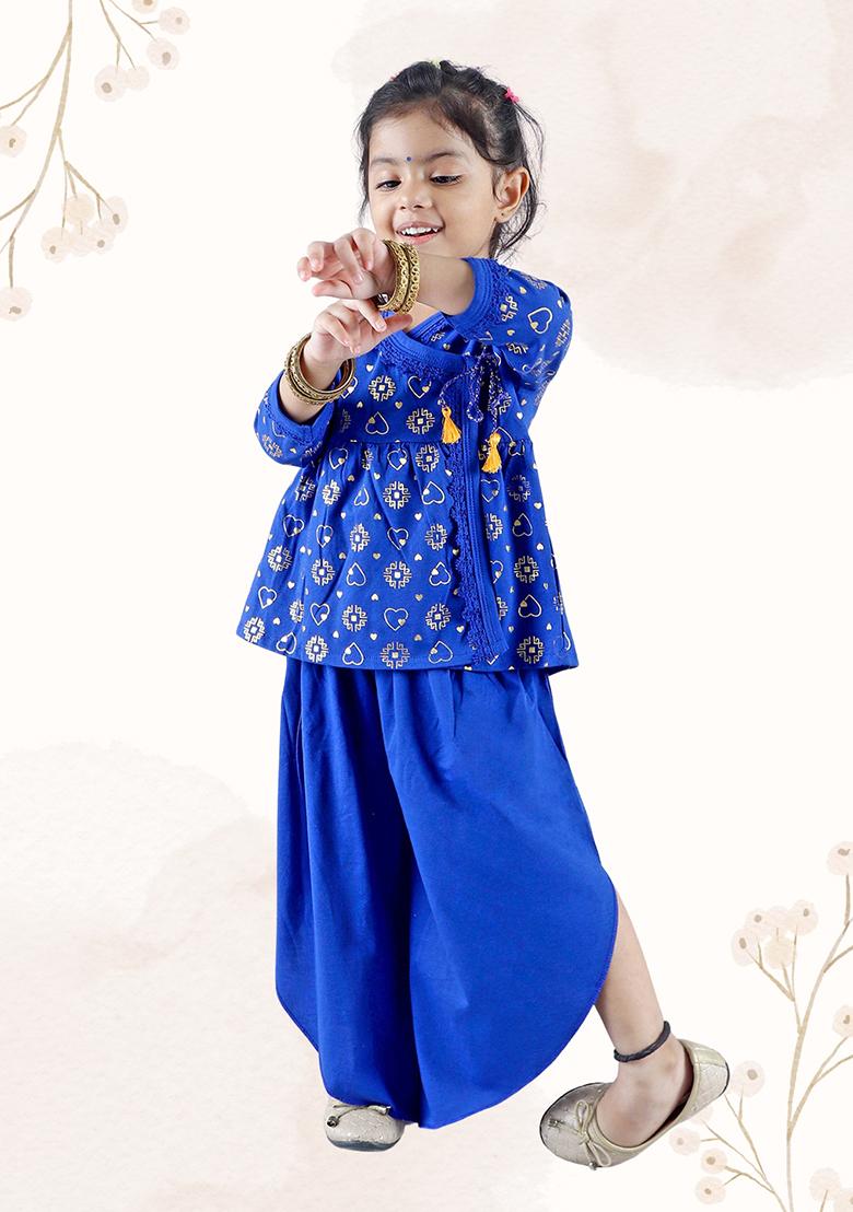 Blue Printed Cotton Kurta Set For Girl