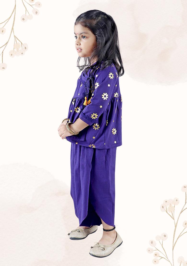 Violet Printed Cotton Kurta Set For Girl
