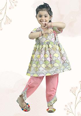 Yellow Printed Cotton Kurta Set For Girl