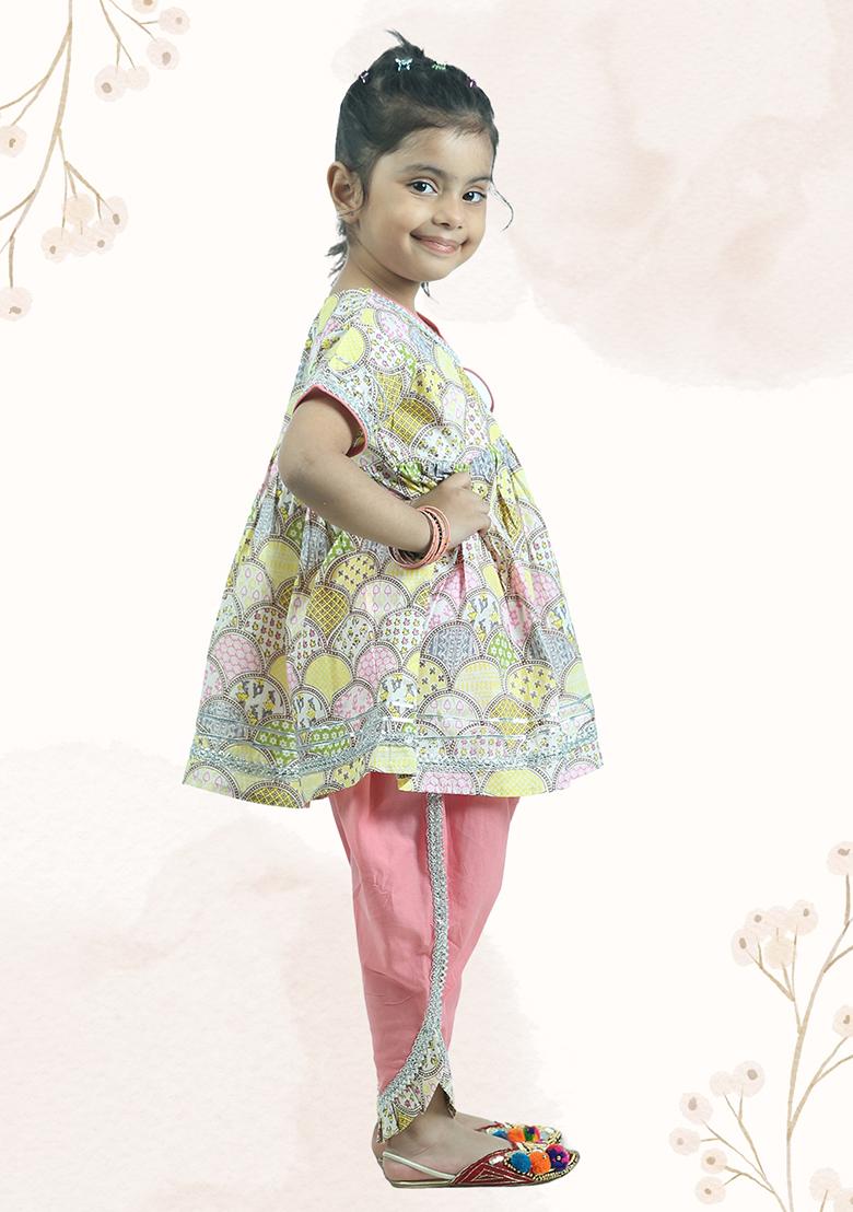 Yellow Printed Cotton Kurta Set For Girl