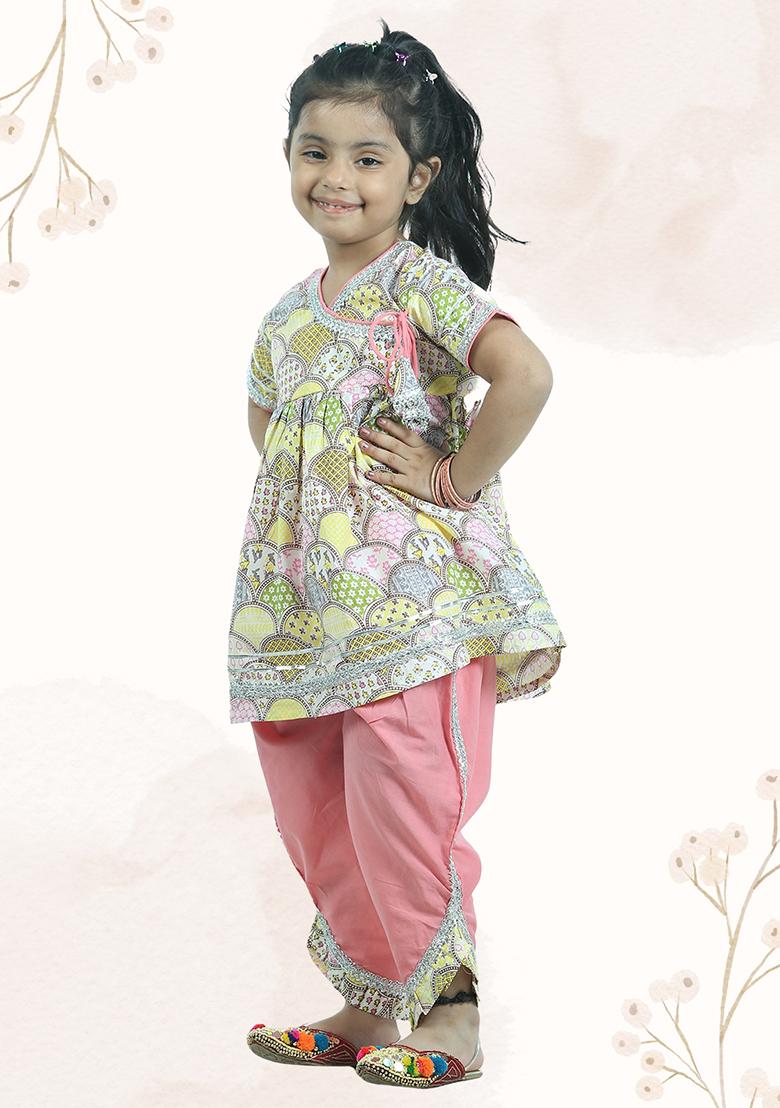 Yellow Printed Cotton Kurta Set For Girl