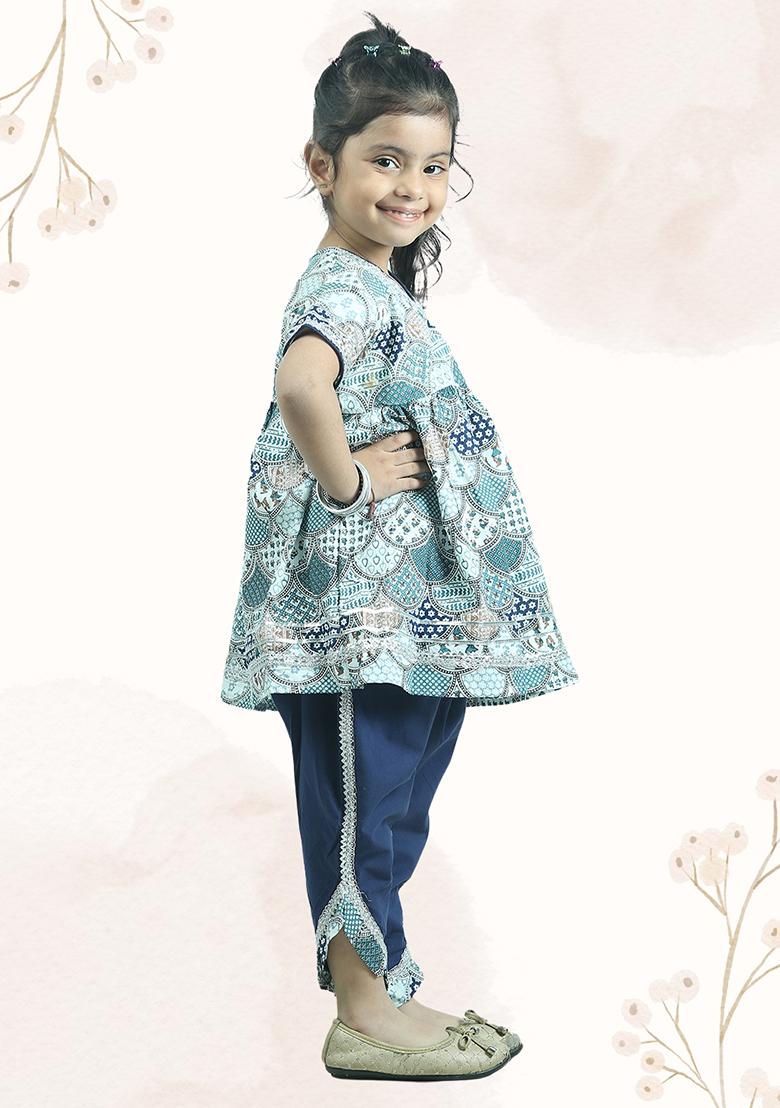 Grey Printed Cotton Kurta Set For Girl