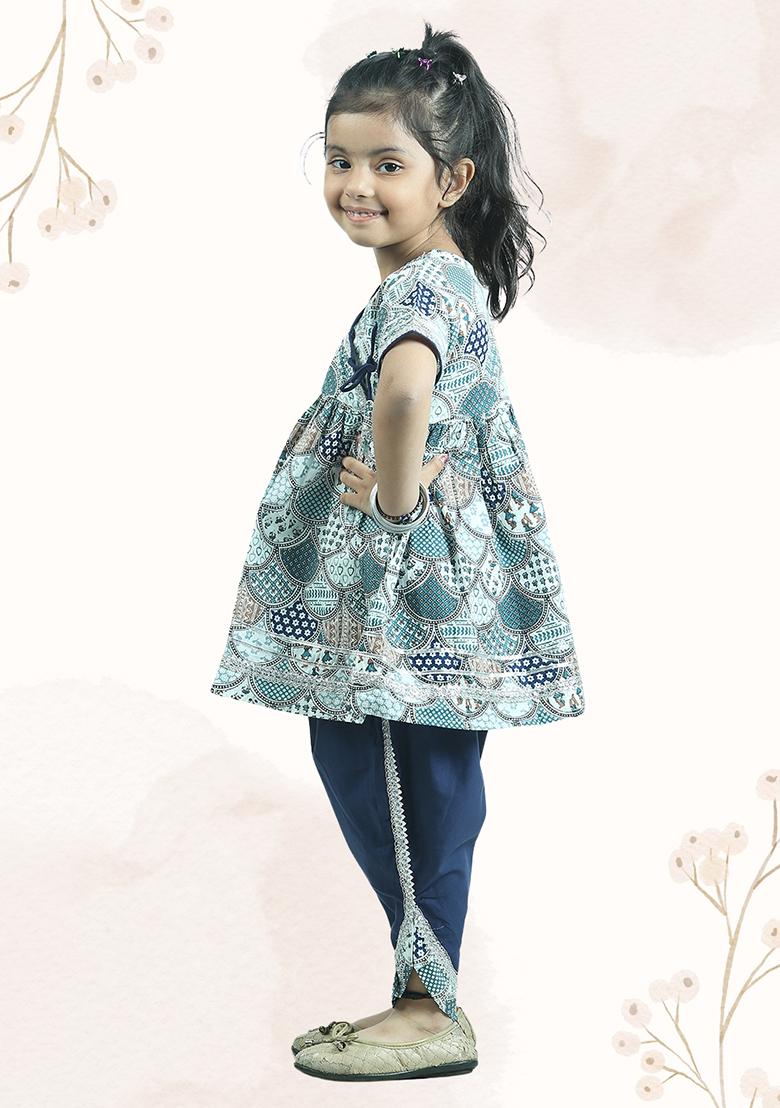 Grey Printed Cotton Kurta Set For Girl