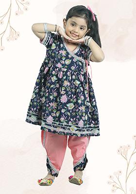 Blue Printed Cotton Kurta Set For Girl