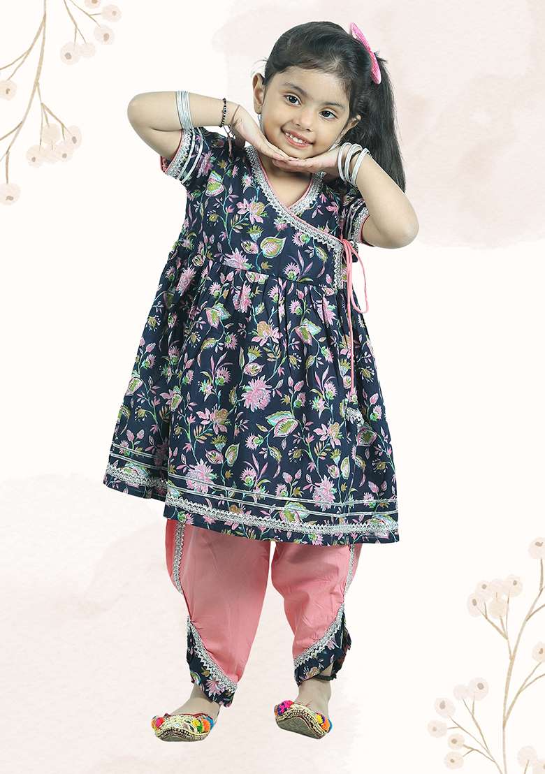 Blue Printed Cotton Kurta Set For Girl - Indya