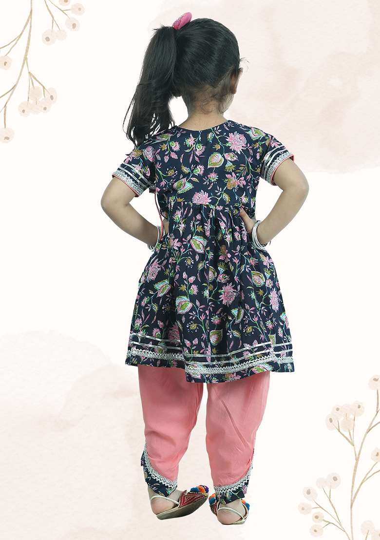 Blue Printed Cotton Kurta Set For Girl - Indya