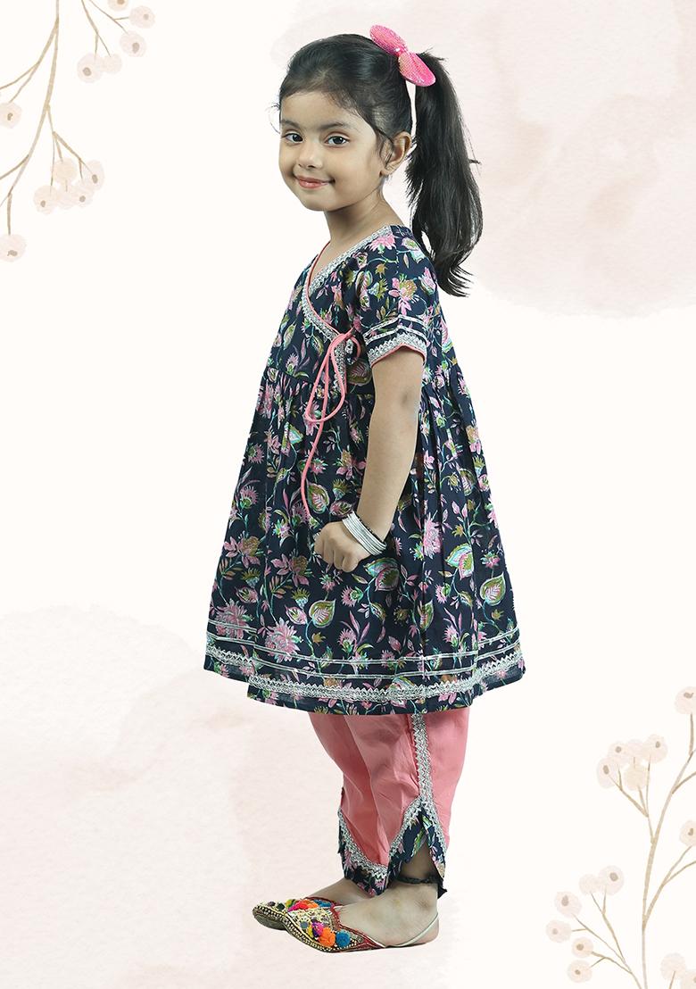 Blue Printed Cotton Kurta Set For Girl