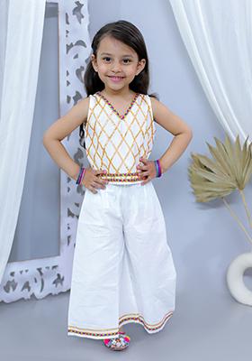 White Embellished Cotton Kurta Set For Girl