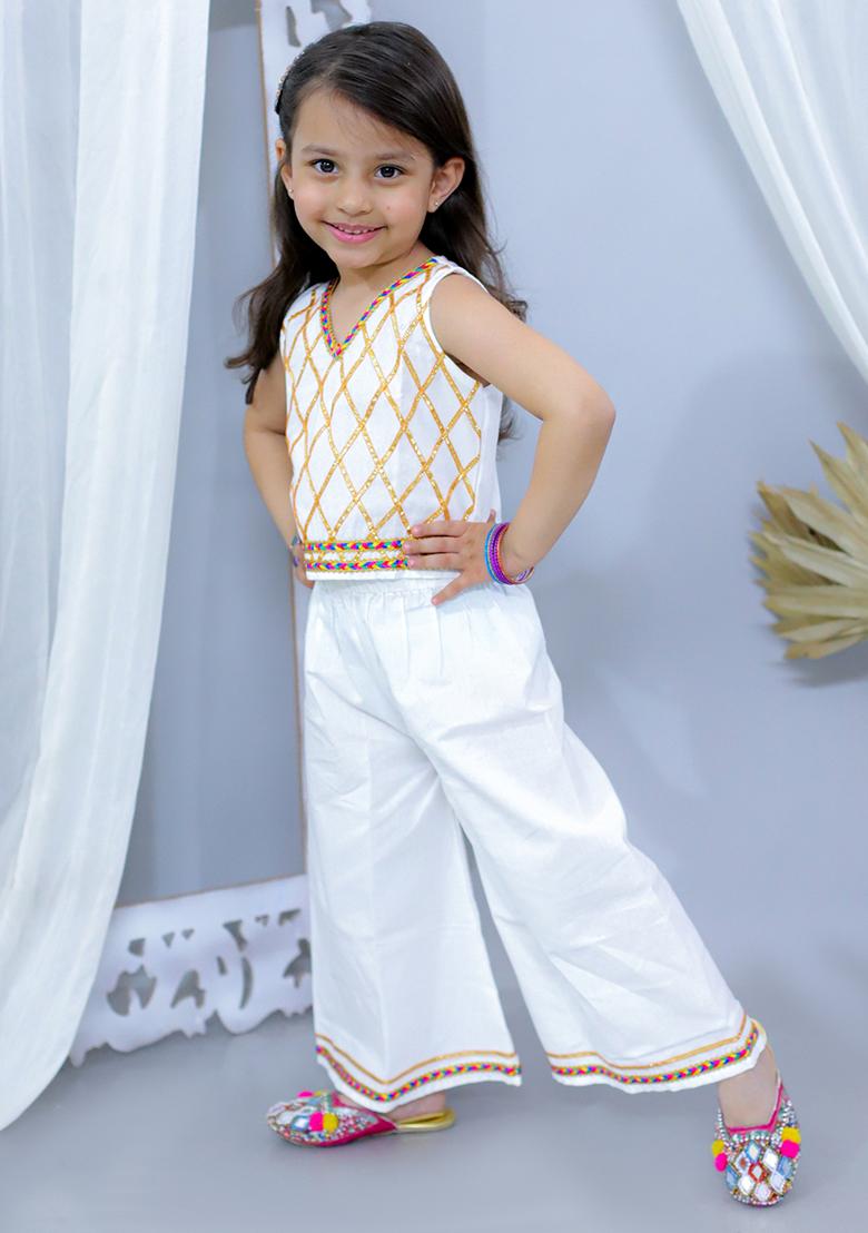 White Embellished Cotton Kurta Set For Girl