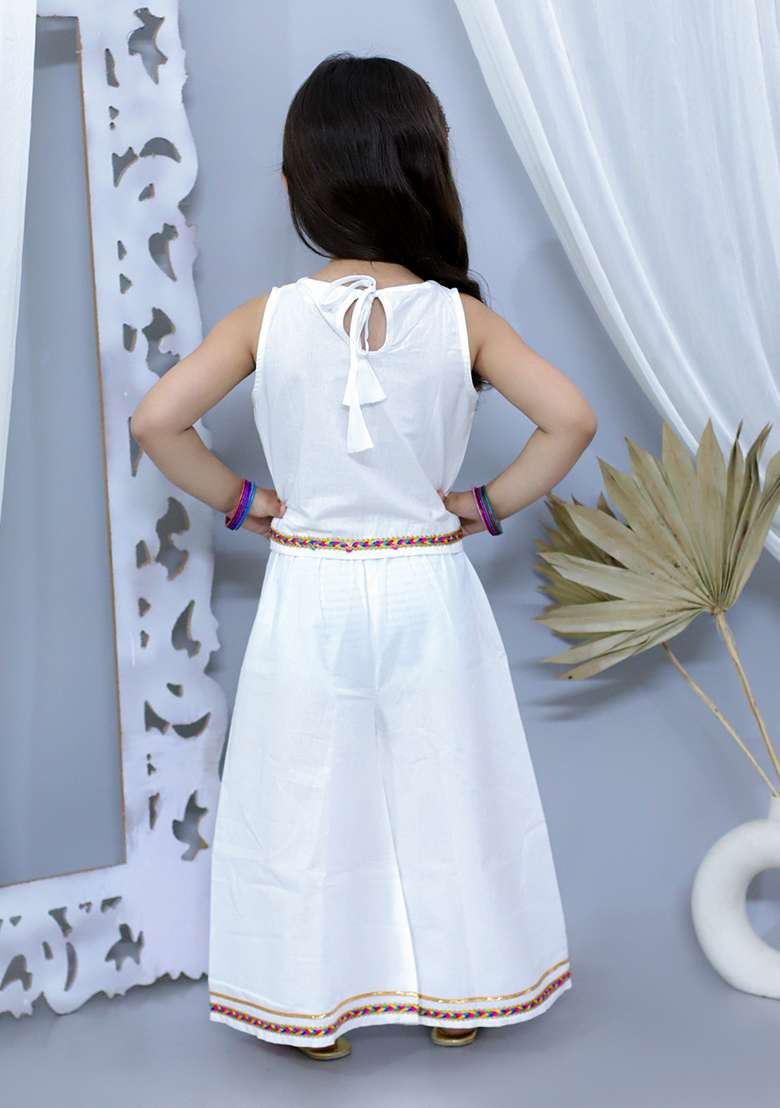 White Embellished Cotton Kurta Set For Girl - Indya