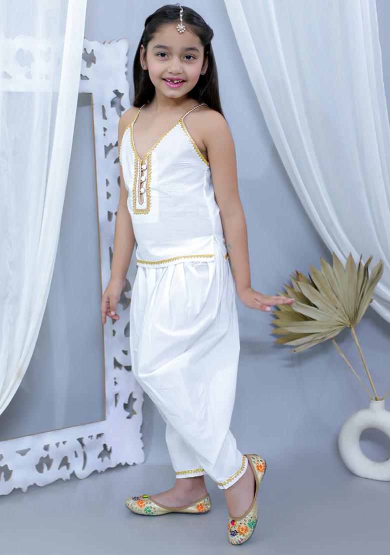 White Embellished Cotton Kurta Set For Girl