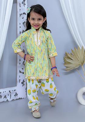 Yellow Printed Cotton Kurta Set For Girl