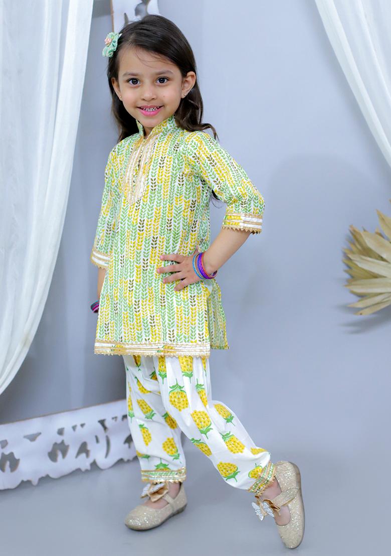 Yellow Printed Cotton Kurta Set For Girl