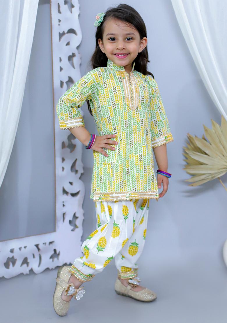 Yellow Printed Cotton Kurta Set For Girl