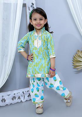 Blue Printed Cotton Kurta Set For Girl