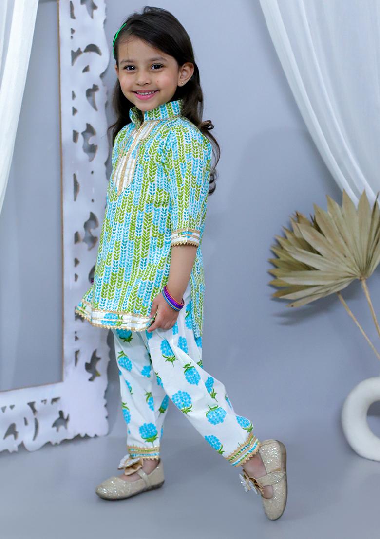 Blue Printed Cotton Kurta Set For Girl