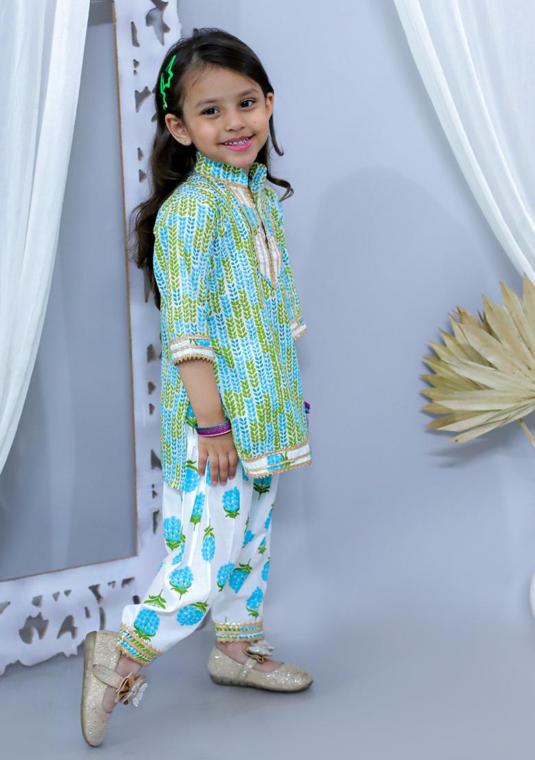 Blue Printed Cotton Kurta Set For Girl