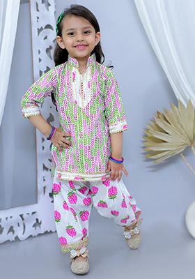 Pink Printed Cotton Kurta Set For Girl
