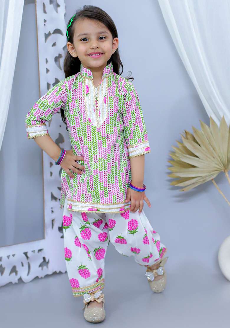 Pink Printed Cotton Kurta Set For Girl - Indya