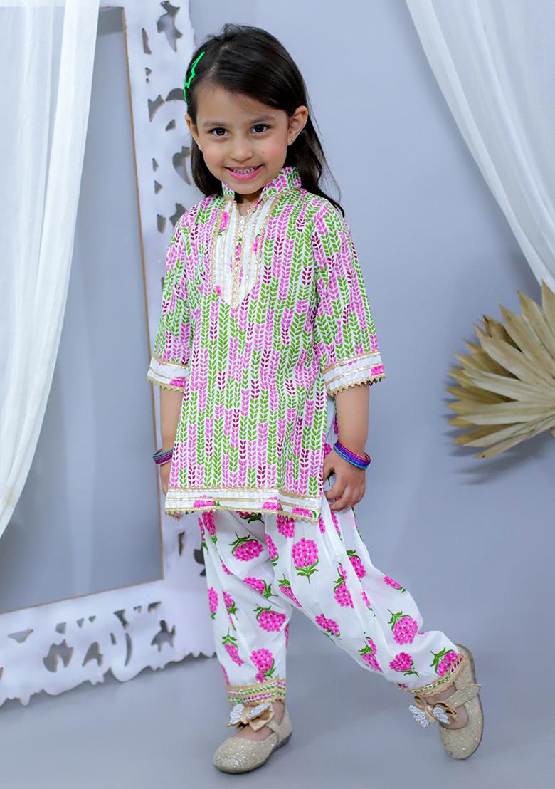 Pink Printed Cotton Kurta Set For Girl