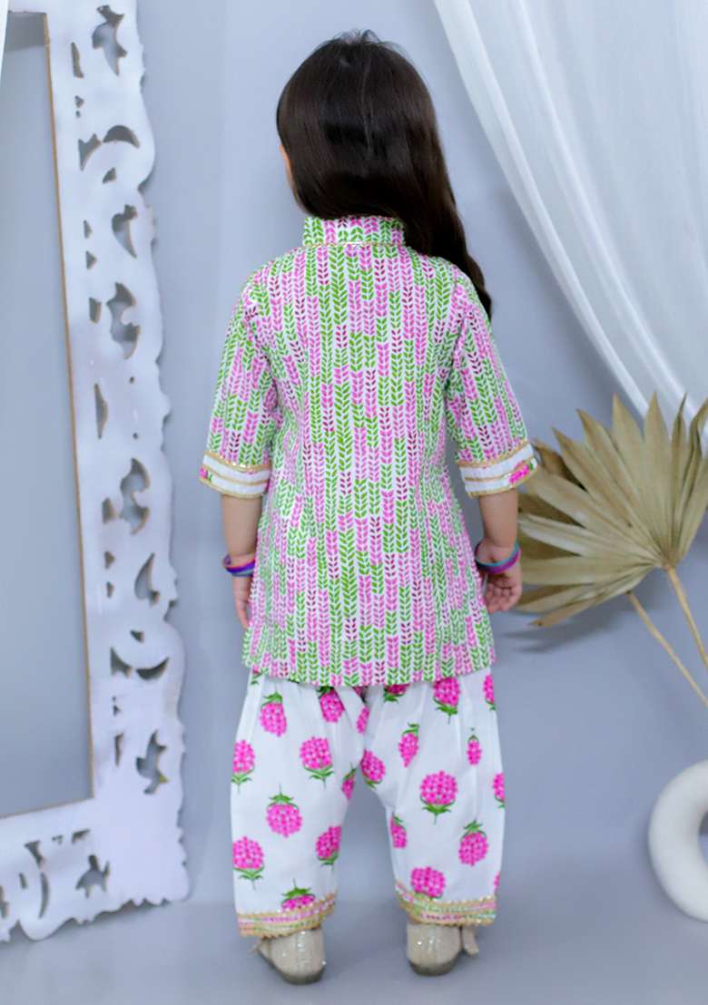 Pink Printed Cotton Kurta Set For Girl - Indya