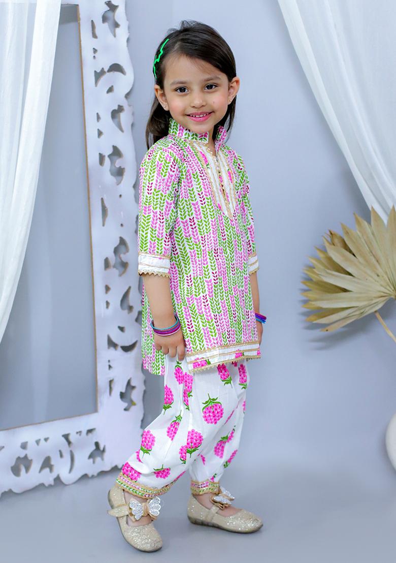 Pink Printed Cotton Kurta Set For Girl