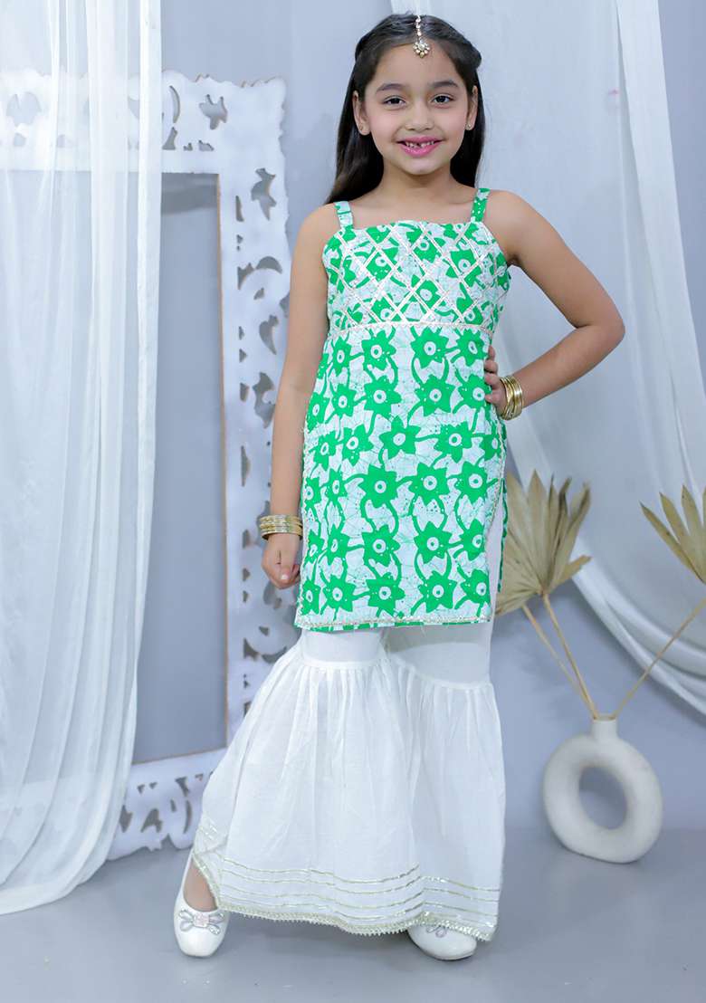Green Printed Cotton Kurta Set For Girl - Indya