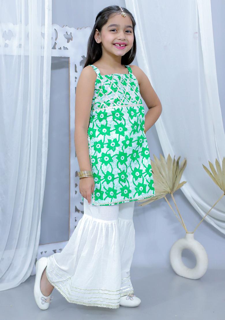 Green Printed Cotton Kurta Set For Girl