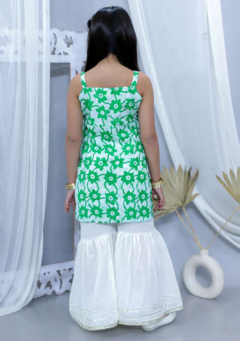 Green Printed Cotton Kurta Set For Girl - Indya