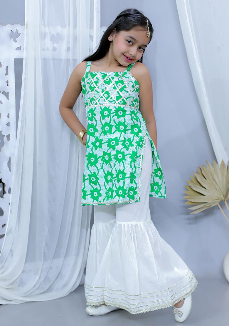 Green Printed Cotton Kurta Set For Girl
