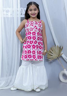 Pink Printed Cotton Kurta Set For Girl
