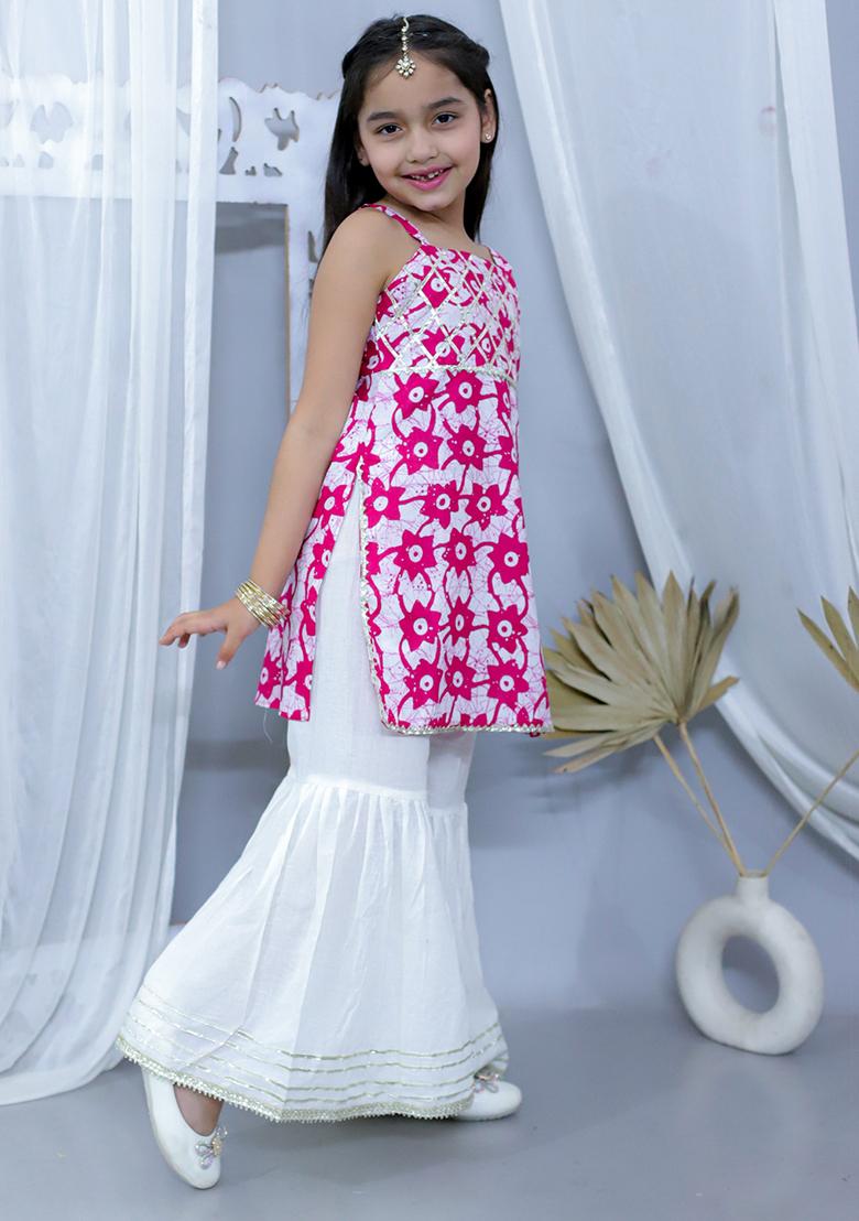 Pink Printed Cotton Kurta Set For Girl