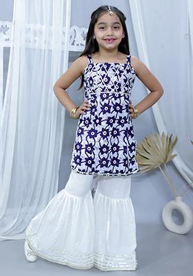 Blue Printed Cotton Kurta Set For Girl