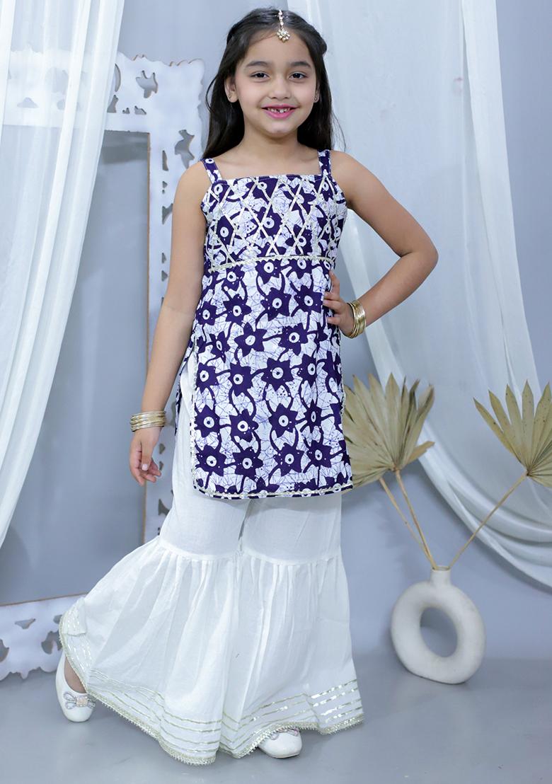 Blue Printed Cotton Kurta Set For Girl