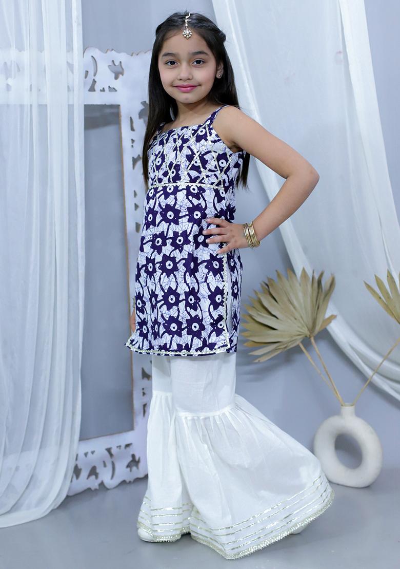 Blue Printed Cotton Kurta Set For Girl