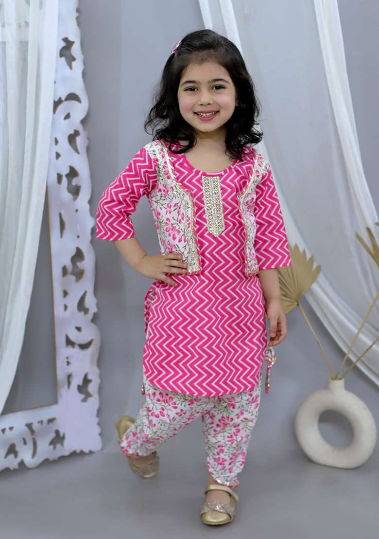Pink Cotton Cotton Kurta Set For Girl - Indya