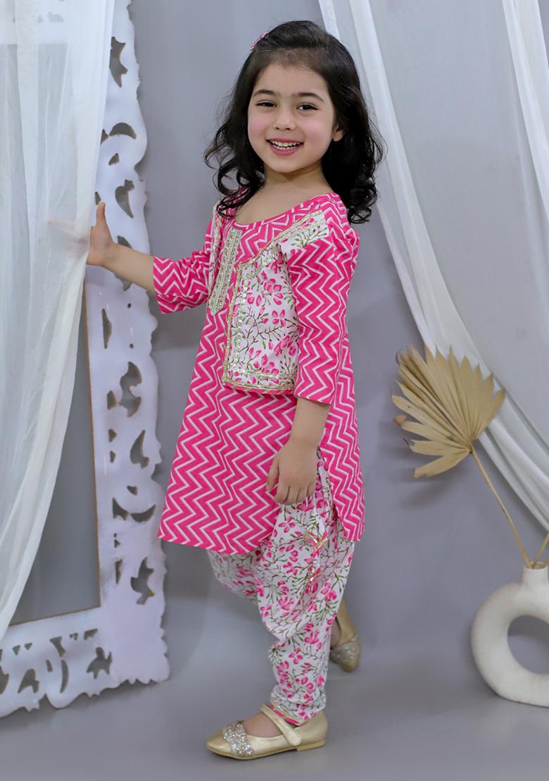 Pink Cotton Cotton Kurta Set For Girl