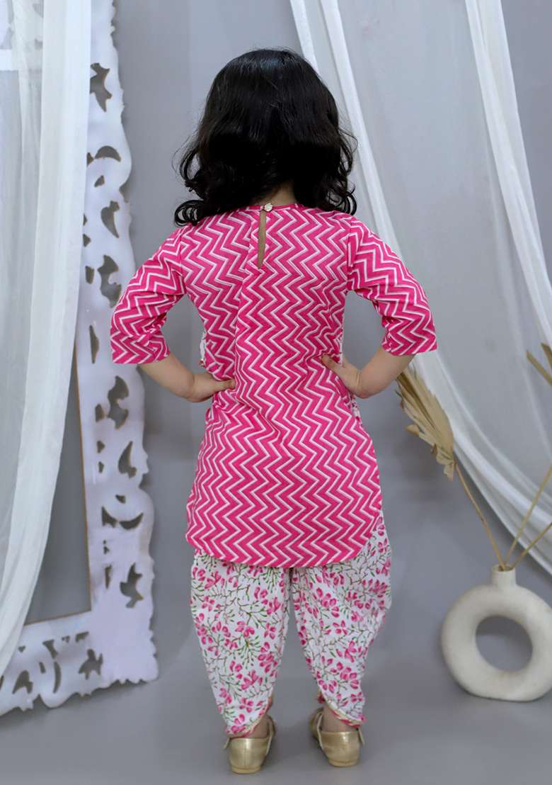 Pink Cotton Cotton Kurta Set For Girl - Indya