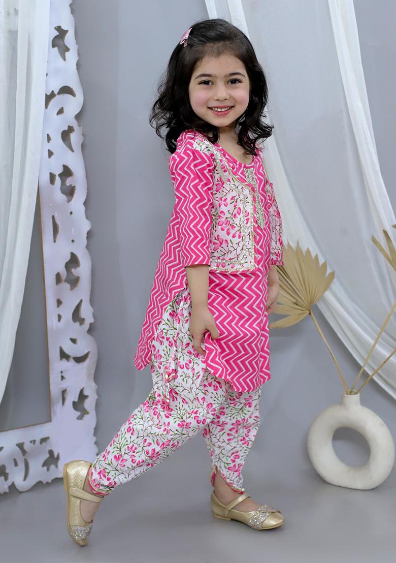 Pink Cotton Cotton Kurta Set For Girl
