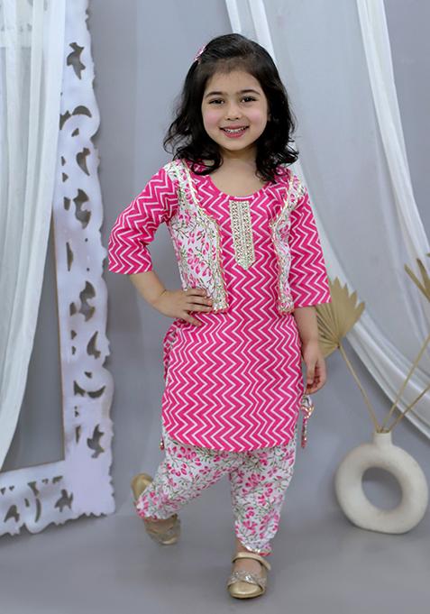 Pink Cotton Cotton Kurta Set For Girl