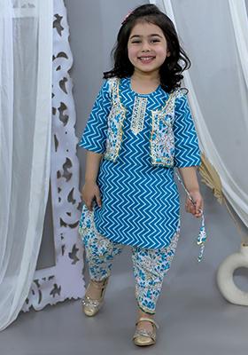 Blue Cotton Cotton Kurta Set For Girl