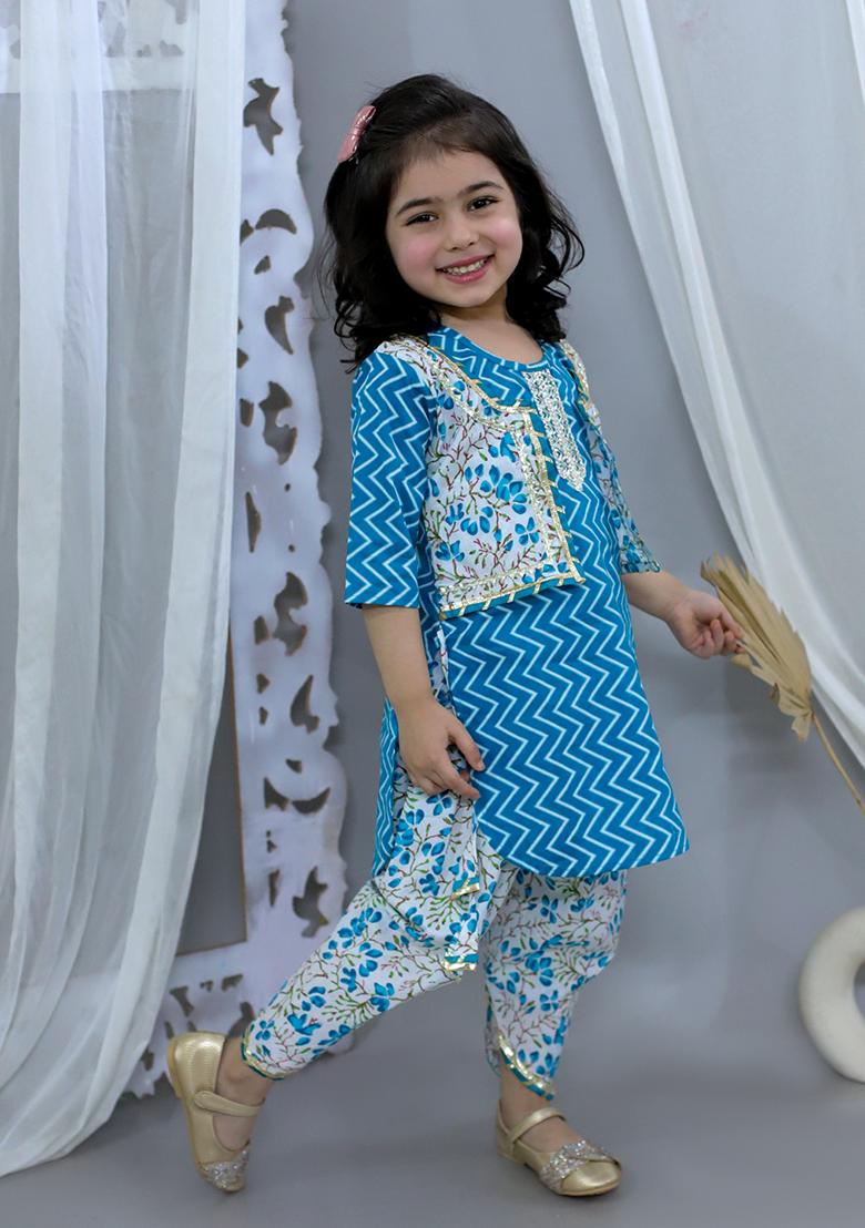 Blue Cotton Cotton Kurta Set For Girl
