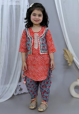 Red Cotton Cotton Kurta Set For Girl