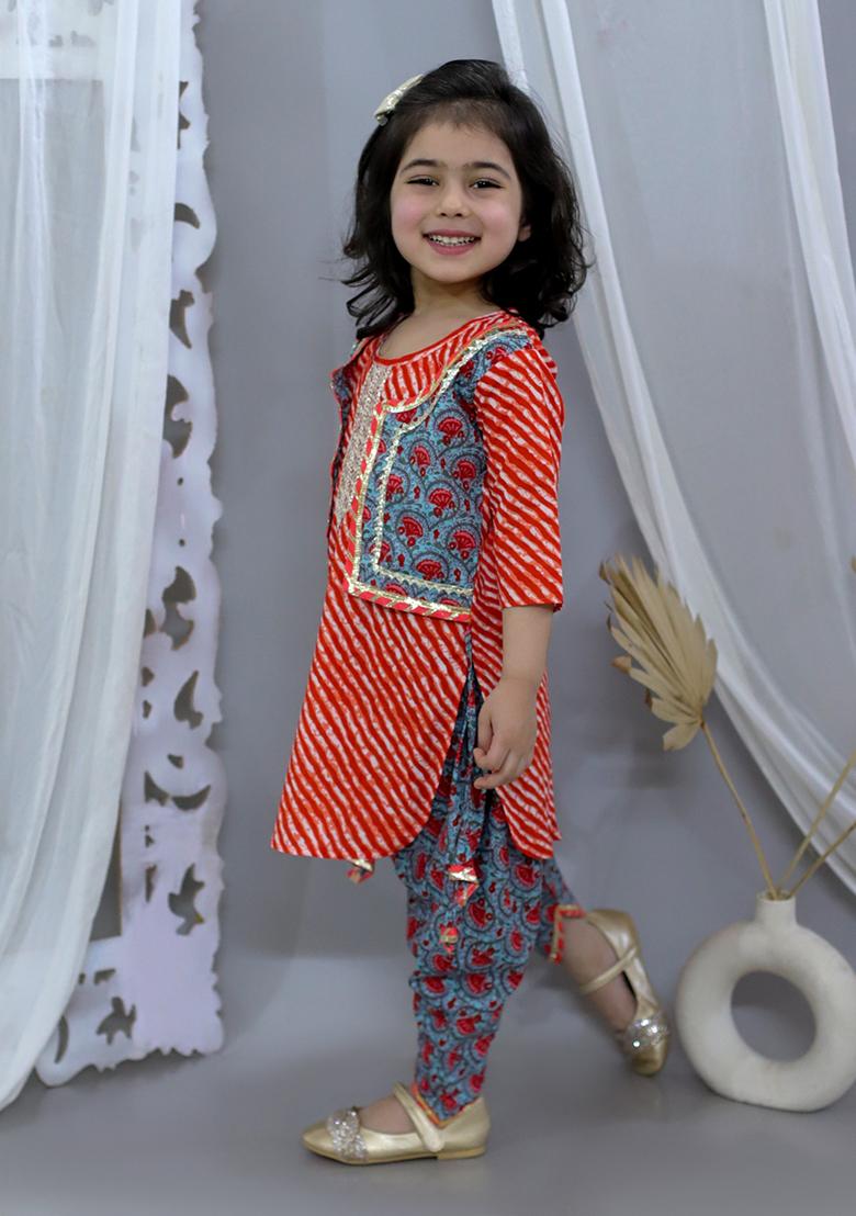 Red Cotton Cotton Kurta Set For Girl