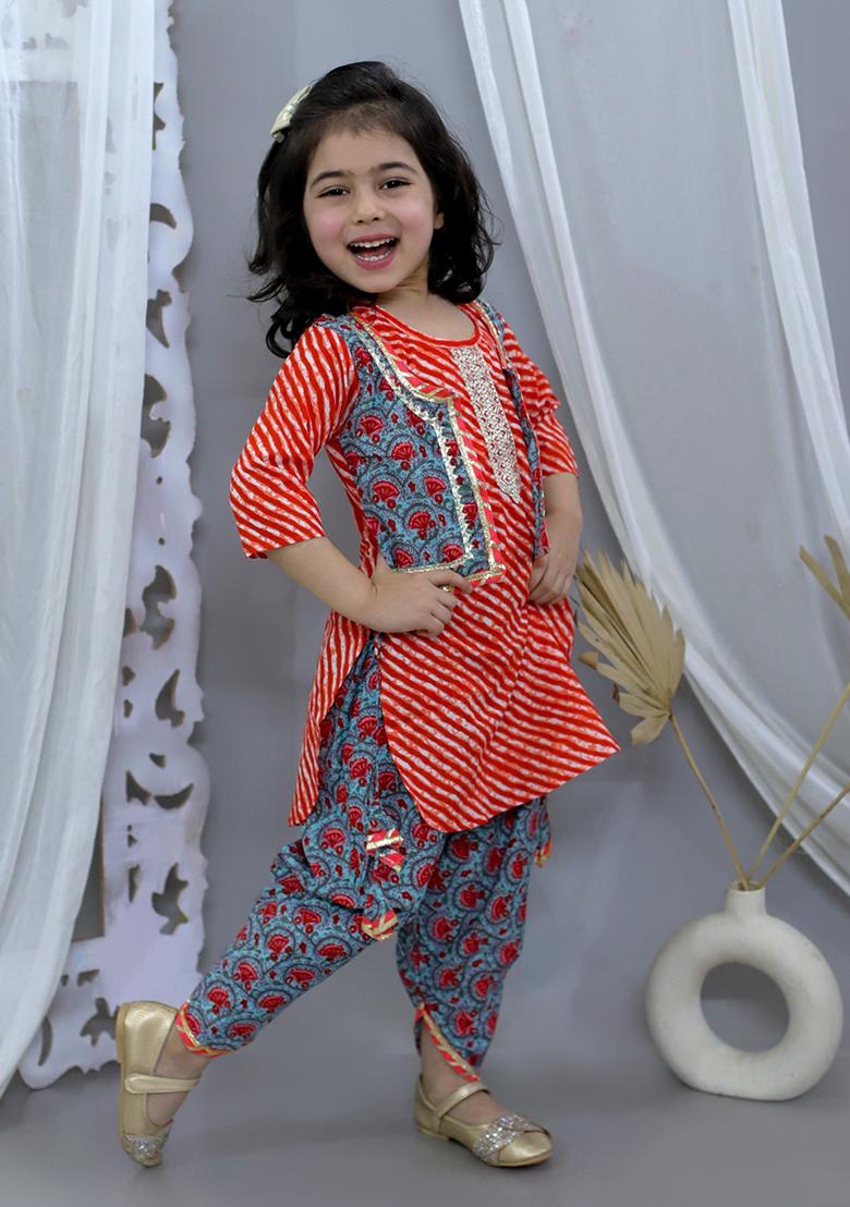 Red Cotton Cotton Kurta Set For Girl