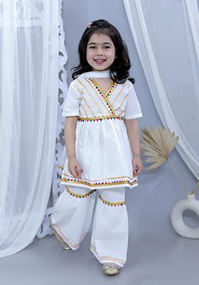 White Embellished Cotton Lehenga Set For Girl