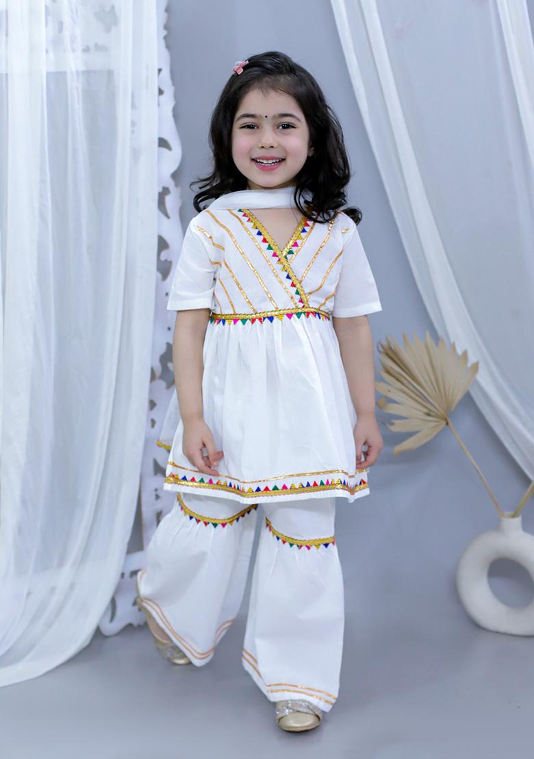 White Embellished Cotton Lehenga Set For Girl
