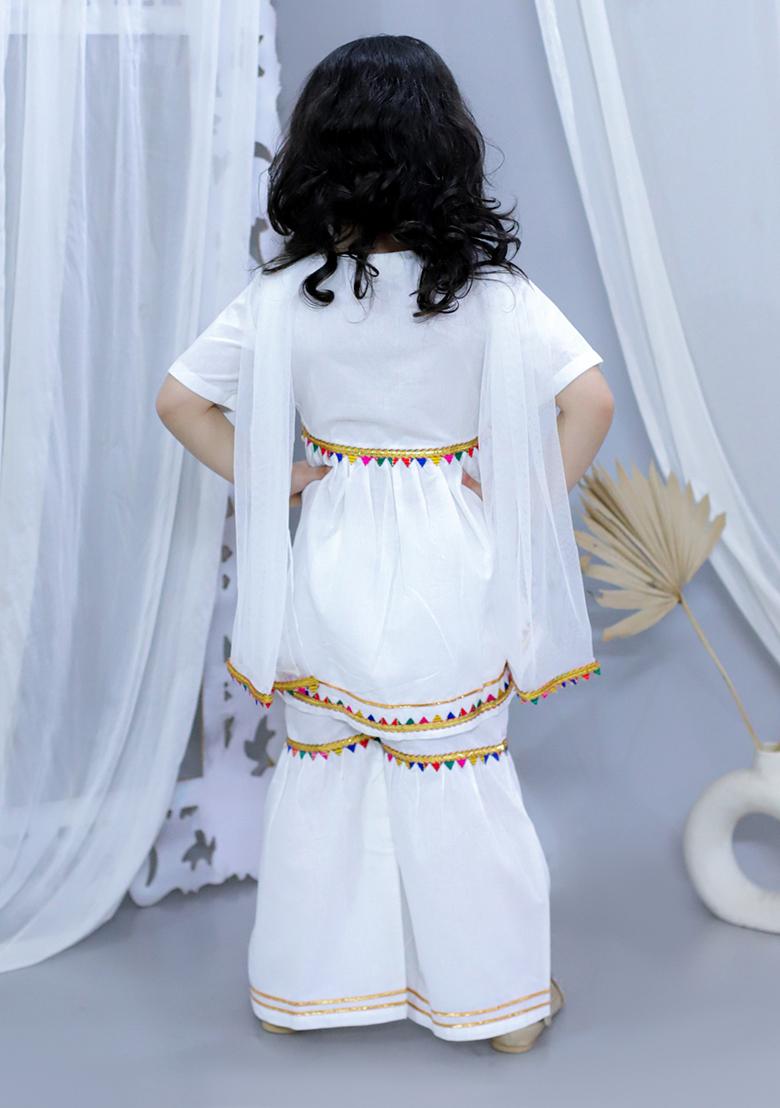 White Embellished Cotton Lehenga Set For Girl