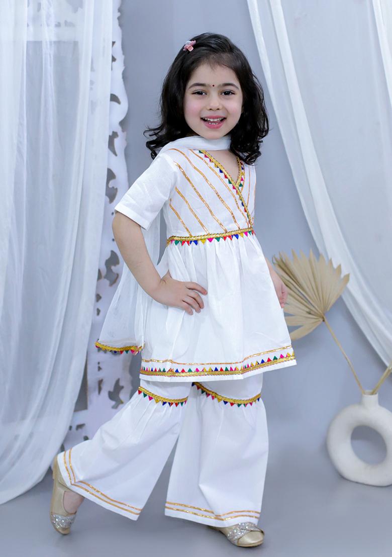 White Embellished Cotton Lehenga Set For Girl